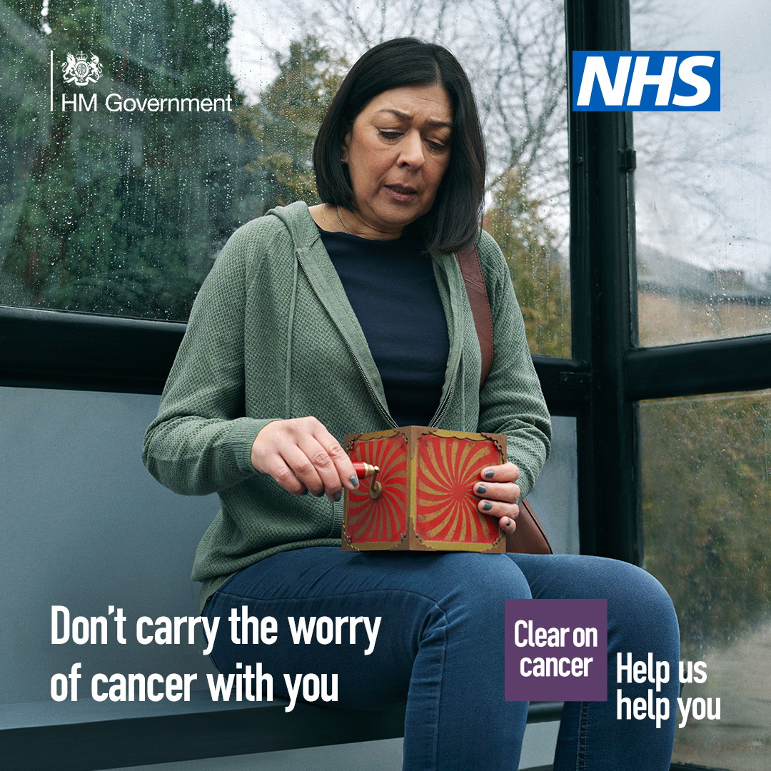 Image of NHS Help us Help You Campaign - Text reads: Don't carry the worry of cancer with you.